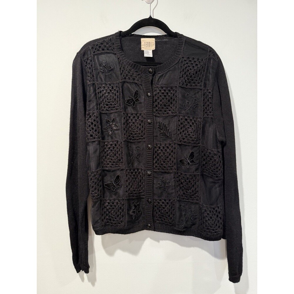 Vintage Teddi Cardigan Med. Crochet Floral Embroidered Whimsigoth Dark Romantic